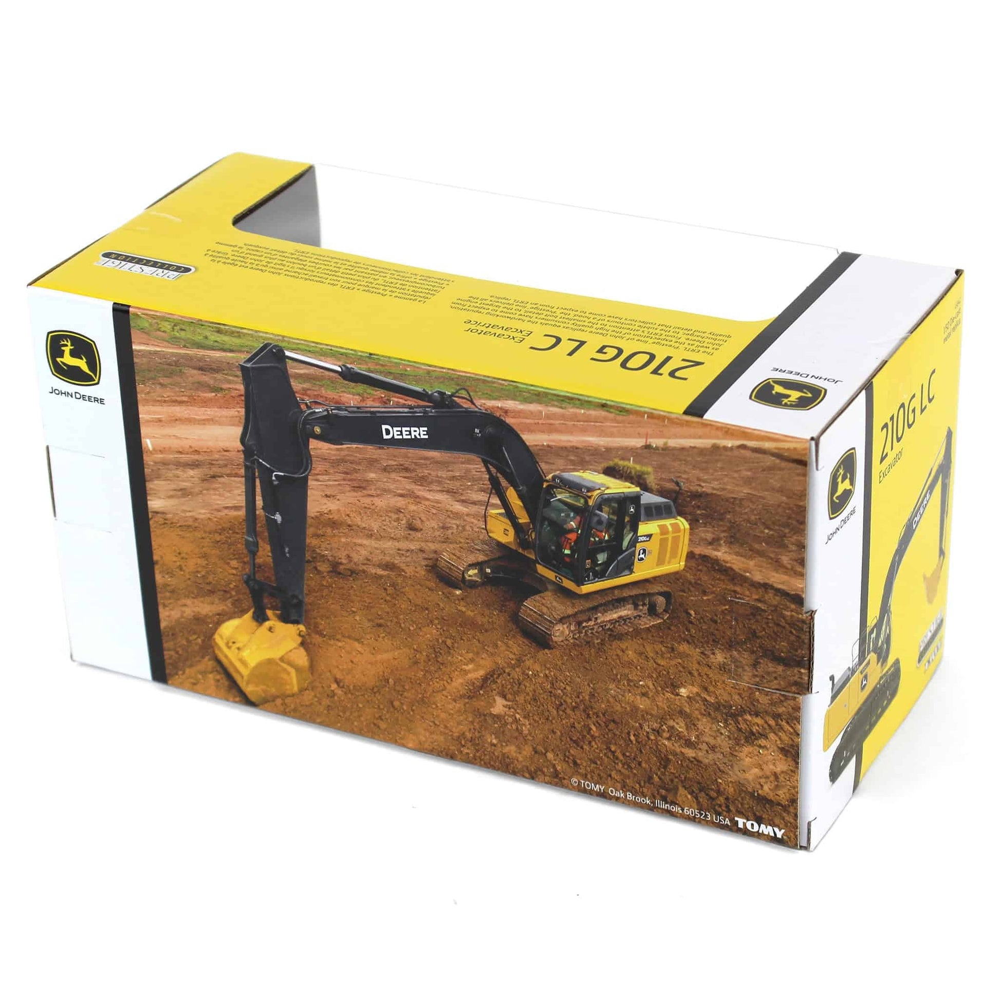 John Deere excavator toy on a white background