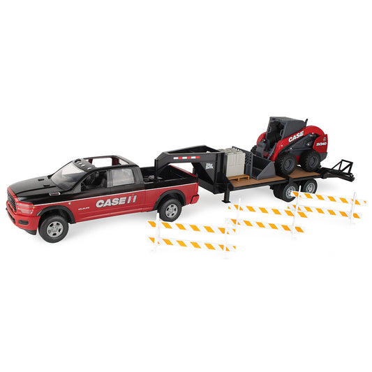 Model of a red Ram 3500 Case IH Dealership pickup truck with a trailer carrying a Case skid loader on a white background.