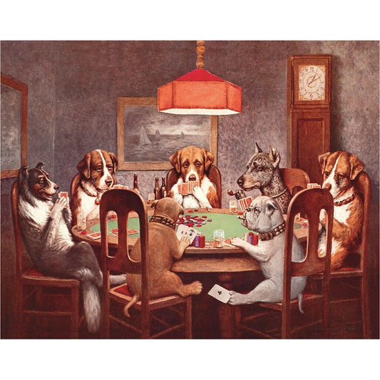 Illustration of dogs playing poker around a table with drinks and cards.