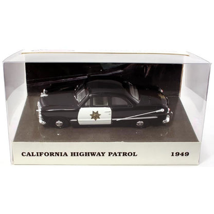 Model of a 1949 California Highway Patrol car in a clear box