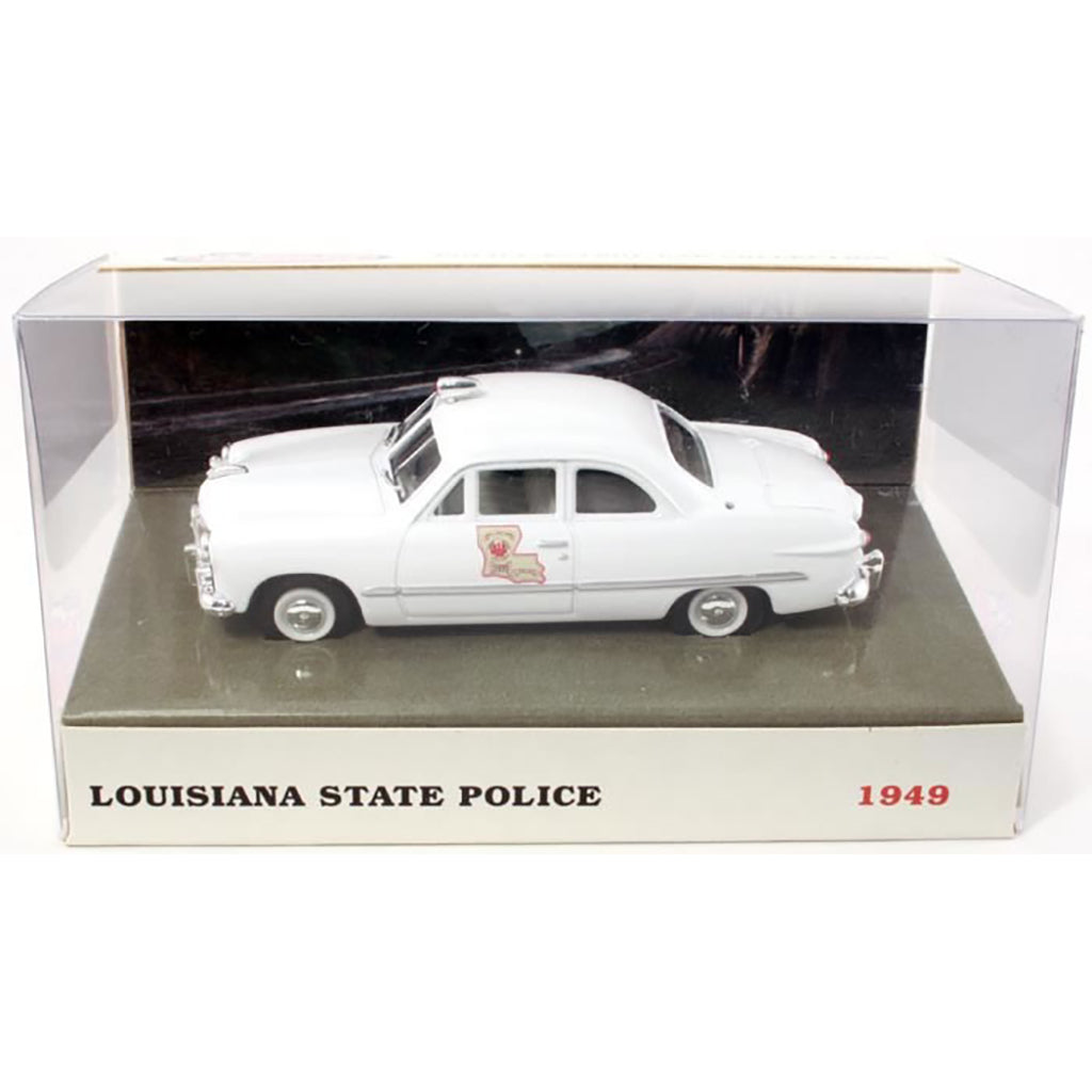 Model of a 1949 Louisiana State Police car in a display case.