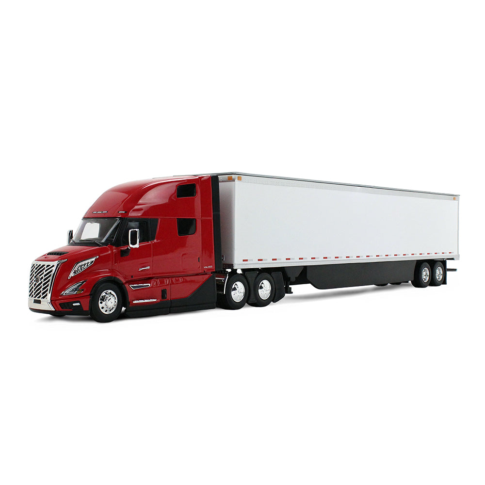 Red semi-truck with a white trailer on a white background