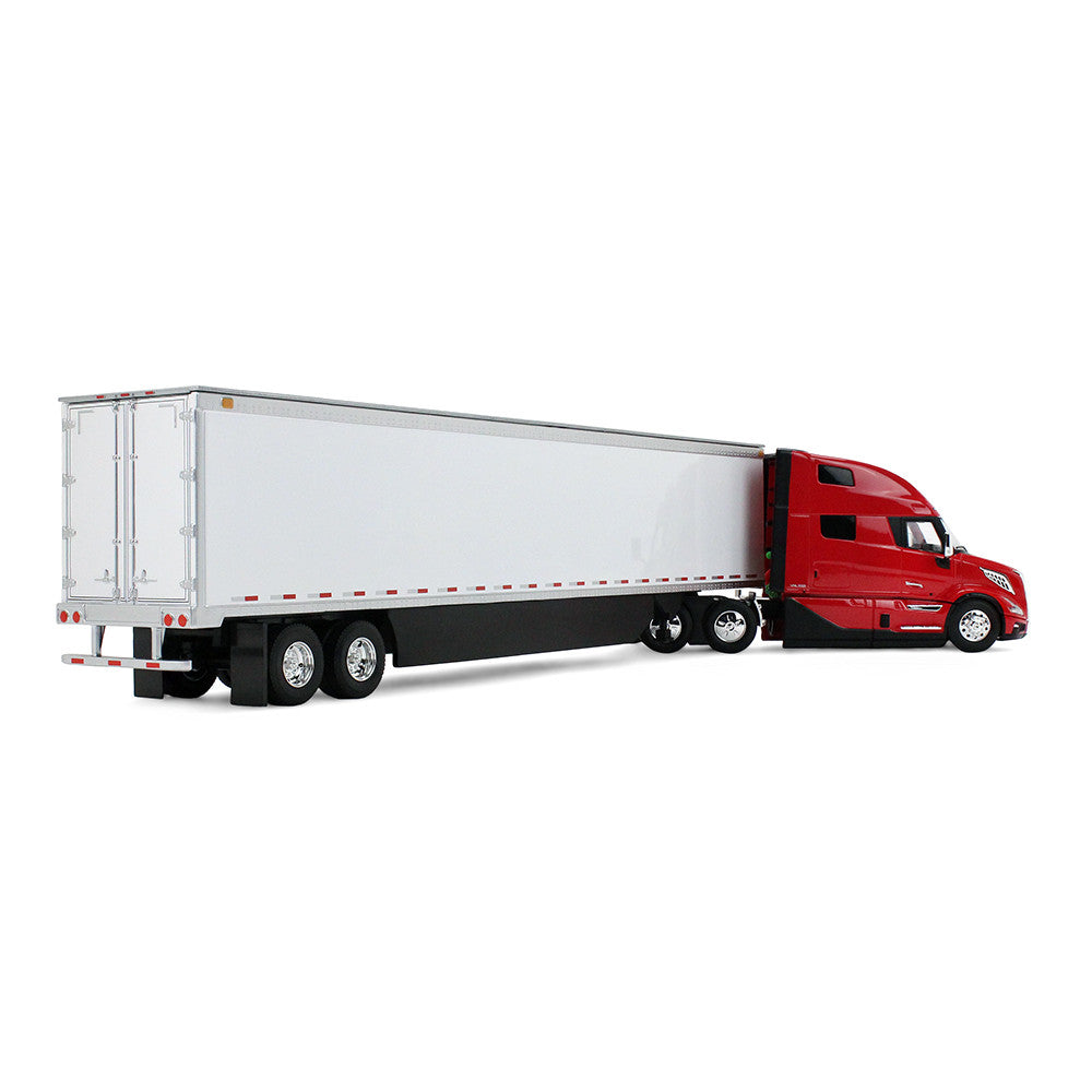 Red semi-truck with a white trailer on a white background