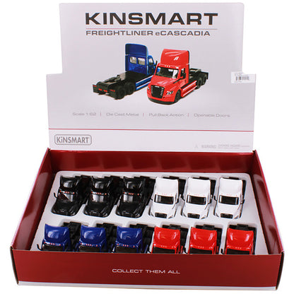 Box of Kinsmart freightliner ecascadia toy trucks with model images on the packaging.