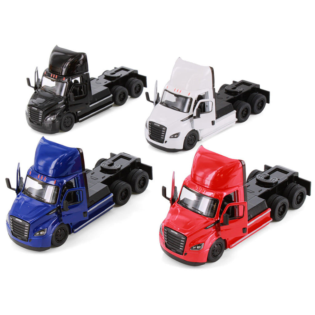 Four freightliner ecascadia toy trucks in black, blue, white, and red on a white background