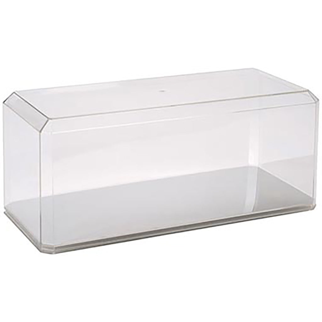 Clear plastic display case on a white background