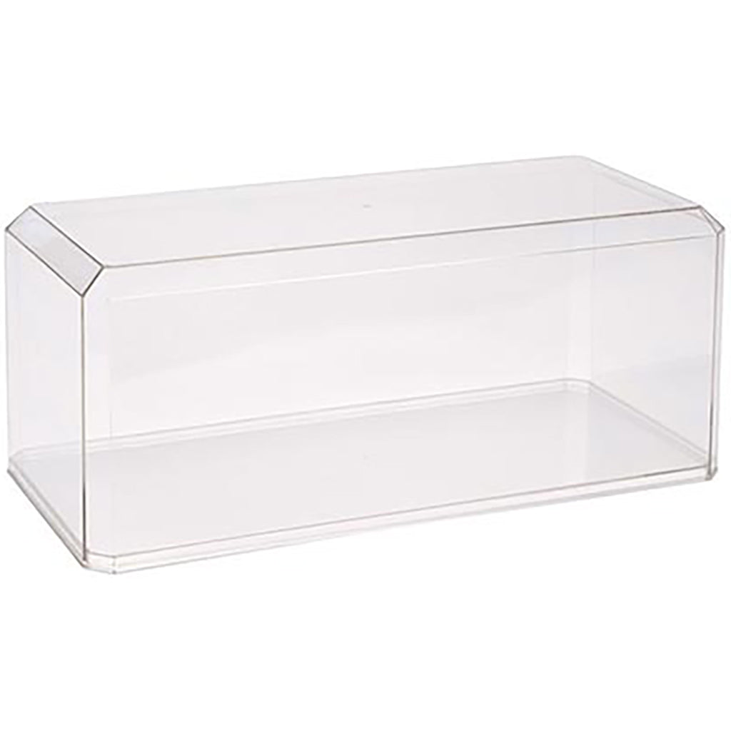 Clear plastic display case on a white background