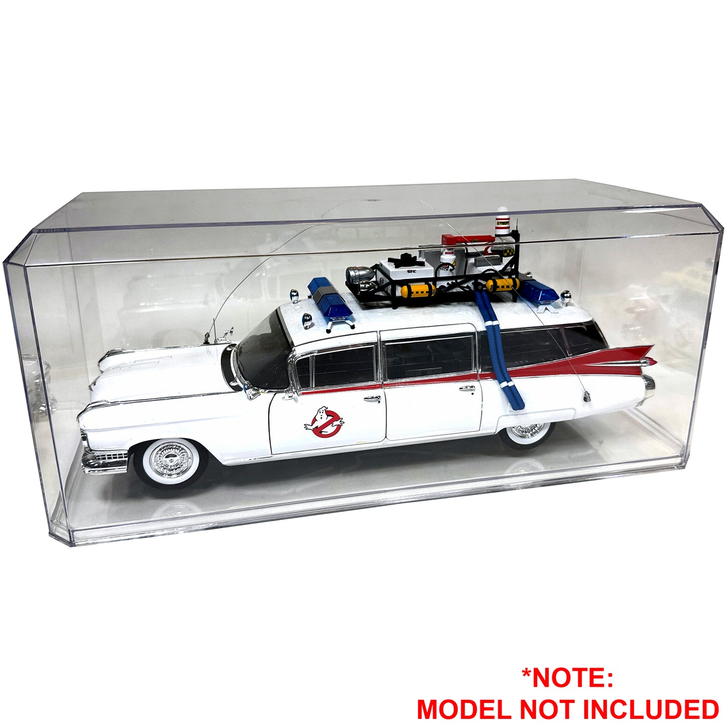Clear plastic display case with Ghostbusters Ecto-1 inside on a white background. Model Not Included