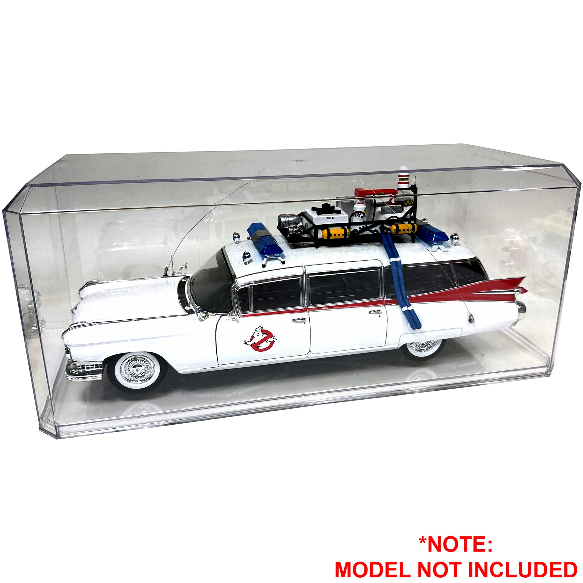 Clear plastic display case with Ghostbusters Ecto-1 inside on a white background. Model Not Included