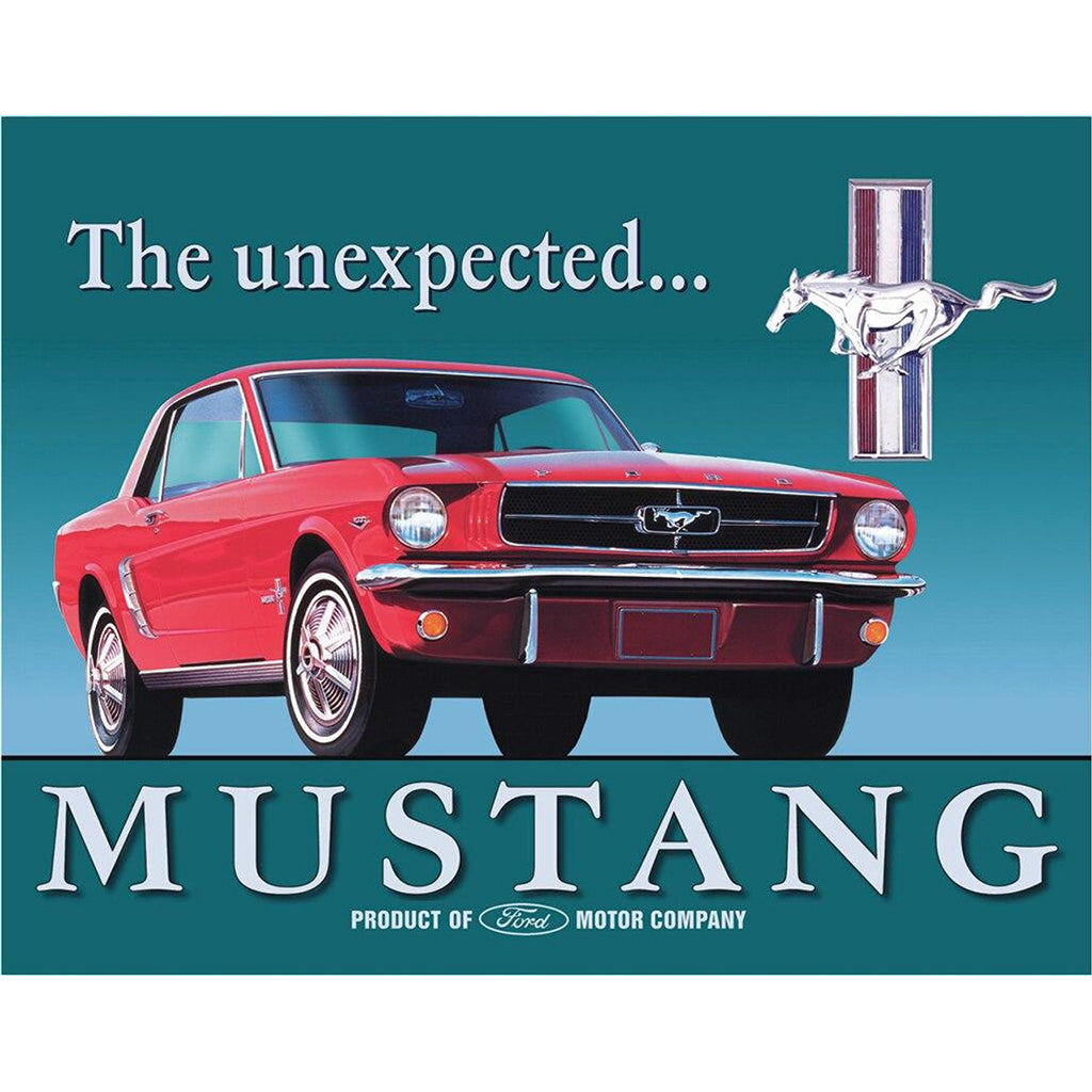 Red Mustang car with Ford logo on a blue background