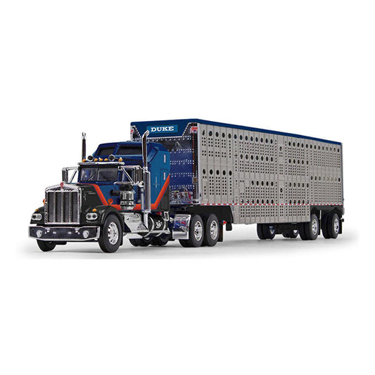 Kenworth W900A Aerodyne Standup Sleeper with 53' Spread Axle Wilson Silverstar Livestock Trailer "John Wayne Cattle Co." (Black/Blue)