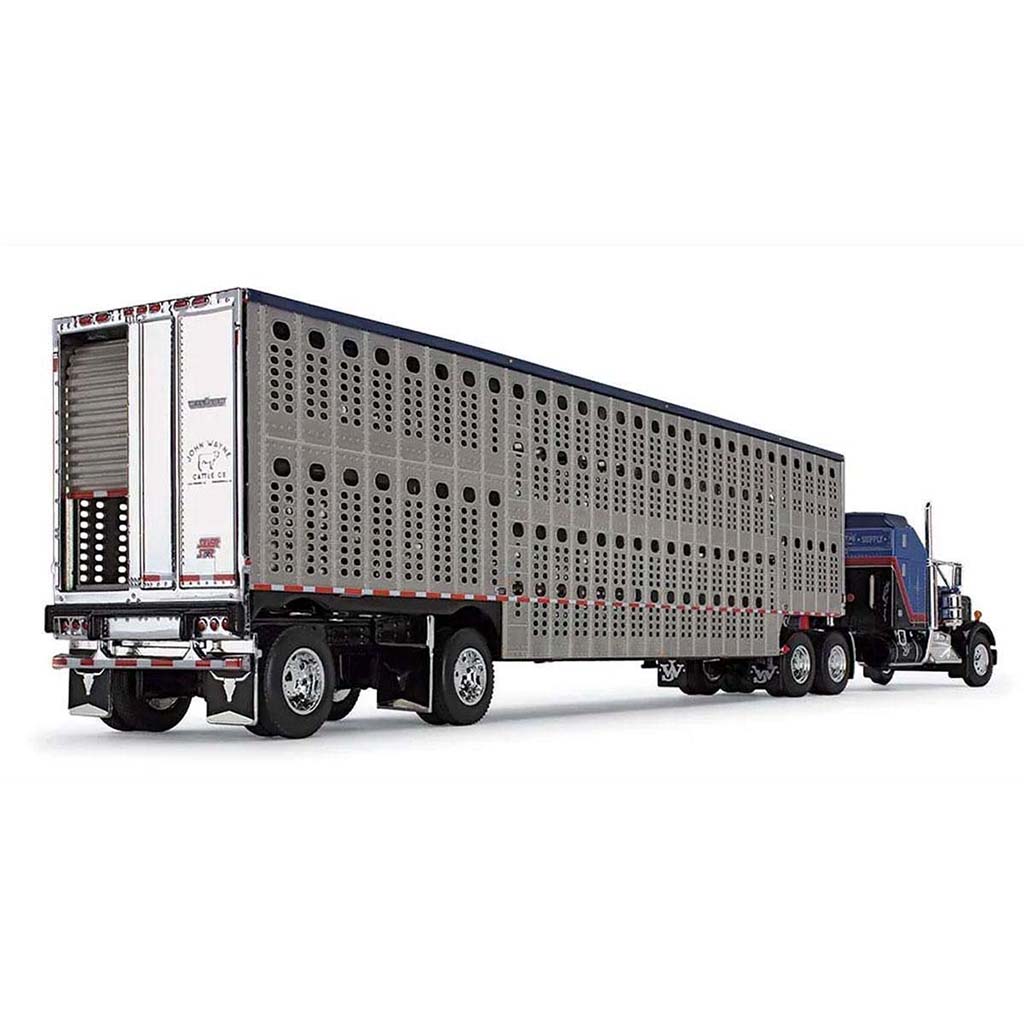 Kenworth W900A Aerodyne Standup Sleeper with 53' Spread Axle Wilson Silverstar Livestock Trailer "John Wayne Cattle Co." (Black/Blue)