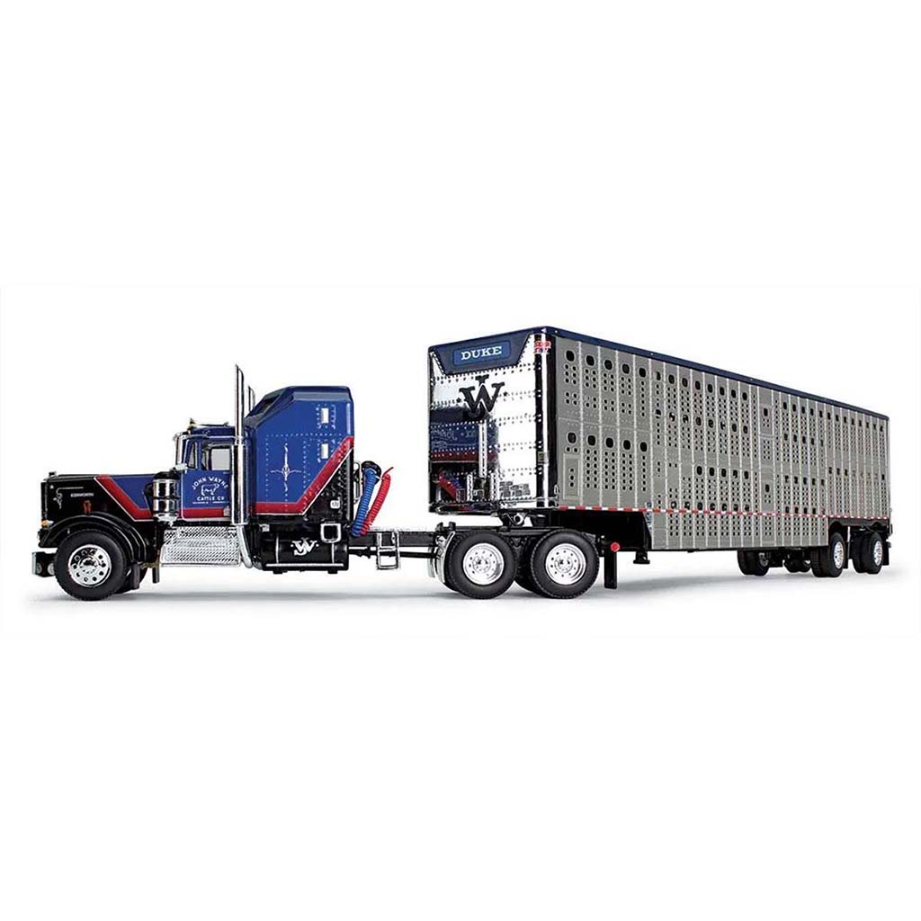 Kenworth W900A Aerodyne Standup Sleeper with 53' Spread Axle Wilson Silverstar Livestock Trailer "John Wayne Cattle Co." (Black/Blue)