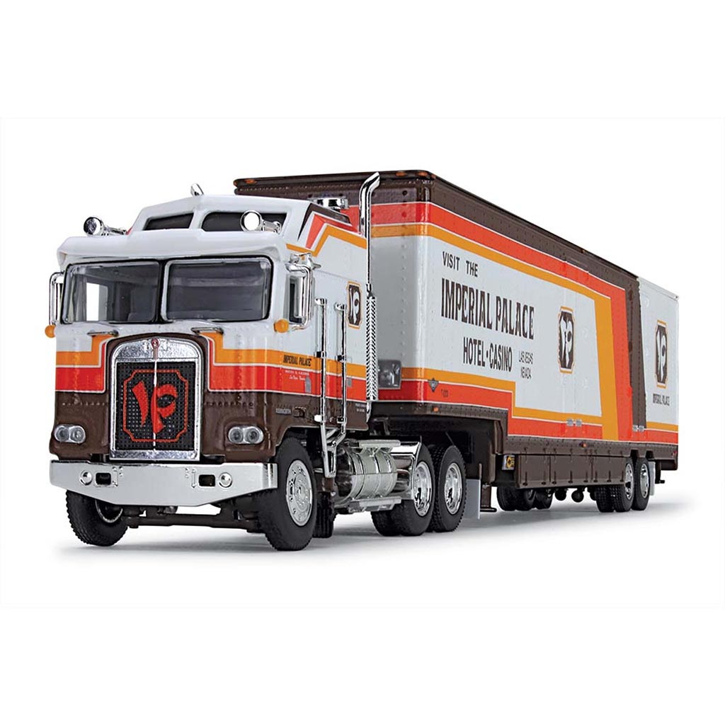 Kenworth K100 with 53' Kentucky Moving Van Trailer "Imperial Palace" (Brown/White with Orange & Yellow Stripes)