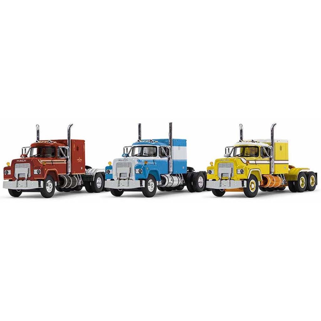 Mack R Model Sleeper Truck Trio Set (Red/Blue/Yellow)