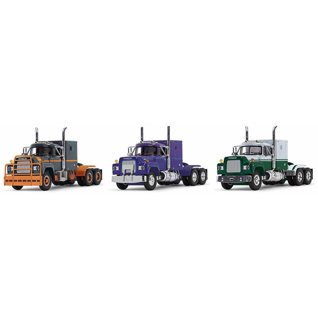 Mack R Model Sleeper Truck Trio Set (Gray/Purple/Green)