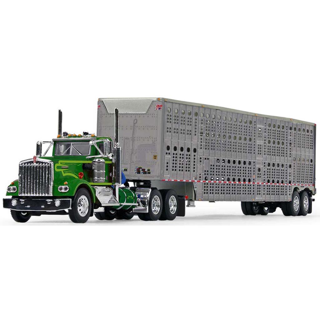Kenworth W900A Day Cab w/53' Wilson Silverstar Livestock Trailer (Dark Green w/Neon Green Stripes)