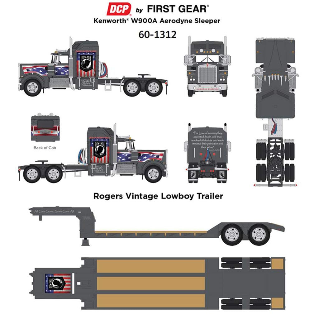 Kenworth W900A Aerodyne Sleeper Cab with Rogers Lowboy Trailer "POW/MIA" (Gun Metal Gray)