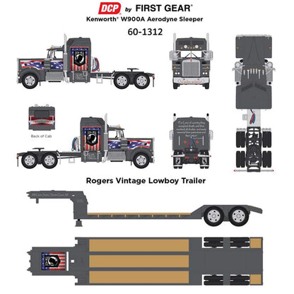 Kenworth W900A Aerodyne Sleeper Cab with Rogers Lowboy Trailer "POW/MIA" (Gun Metal Gray)