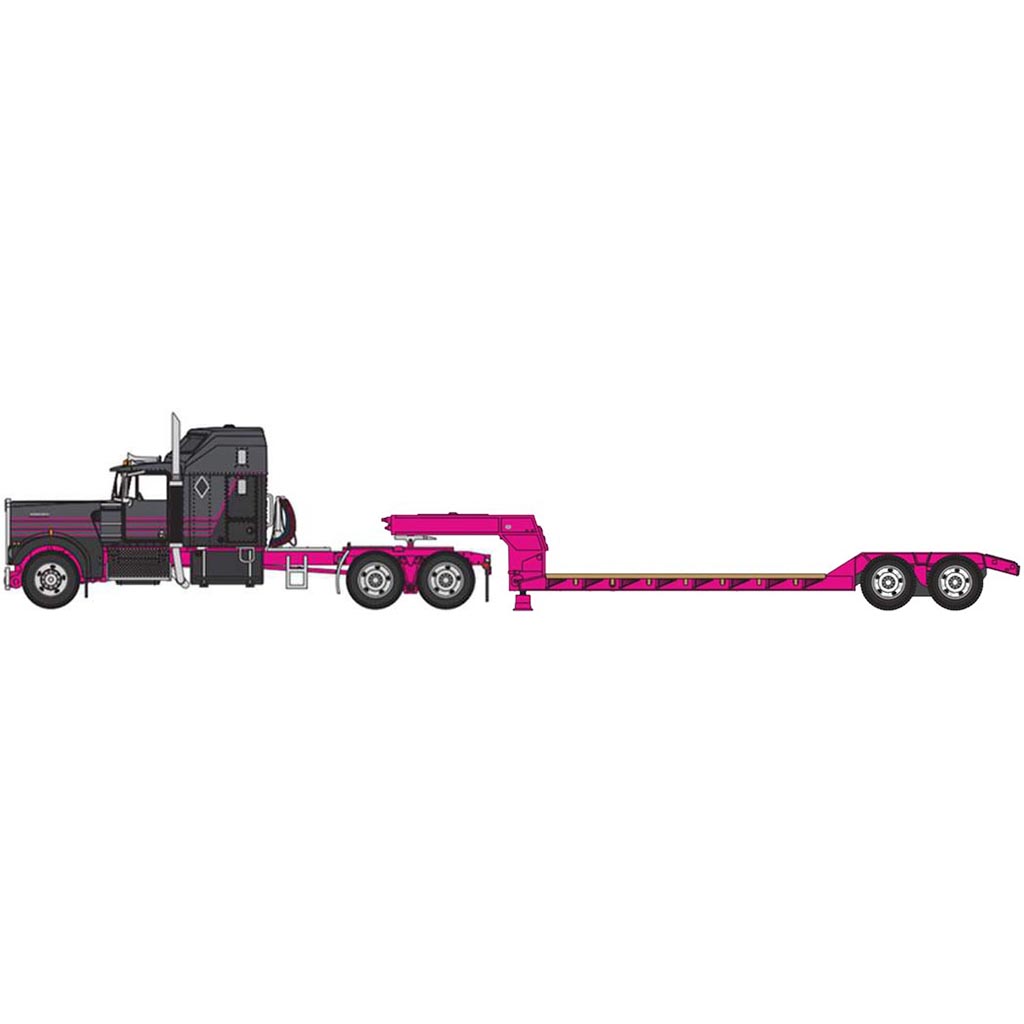 Kenworth W900A Aerodyne Sleeper Cab with Rogers Lowboy Trailer (Gray/Black/Pink)