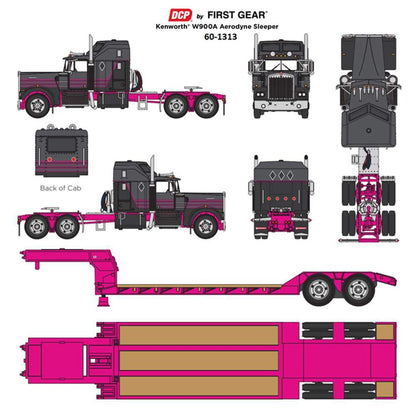 Kenworth W900A Aerodyne Sleeper Cab with Rogers Lowboy Trailer (Gray/Black/Pink)