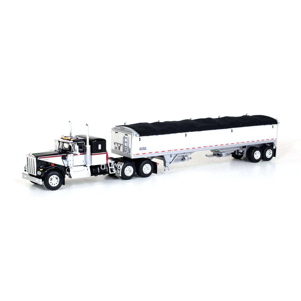 Kenworth W900A Day Cab (Black/White/Red) w/45' Wilson Pacesetter Grain Trailer (White w/Black Tarp)