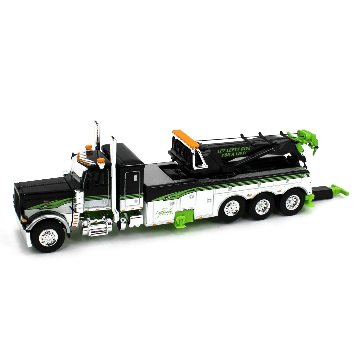 Model of a tow truck with green and black design on a white background