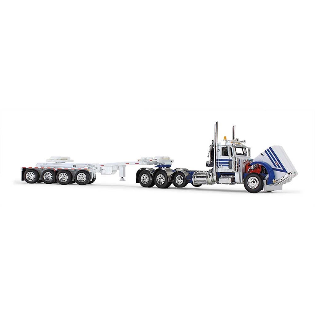 Peterbilt 389 w/ERMC 4-Axle Hydra-Steer Trailer with Bridge Beam Section Load (White/Blue)