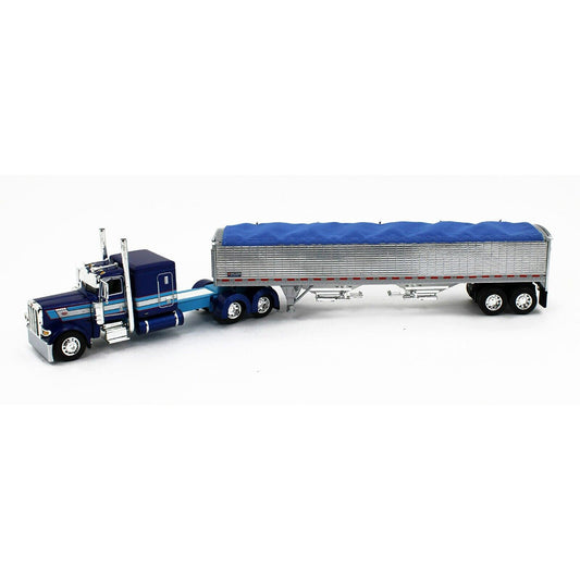 Peterbilt 389 60" Flattop Sleeper (Dark Blue/Light Blue) w/45' Wilson High-Sided Pacesetter Grain Trailer (Chrome w/Blue Tarp)