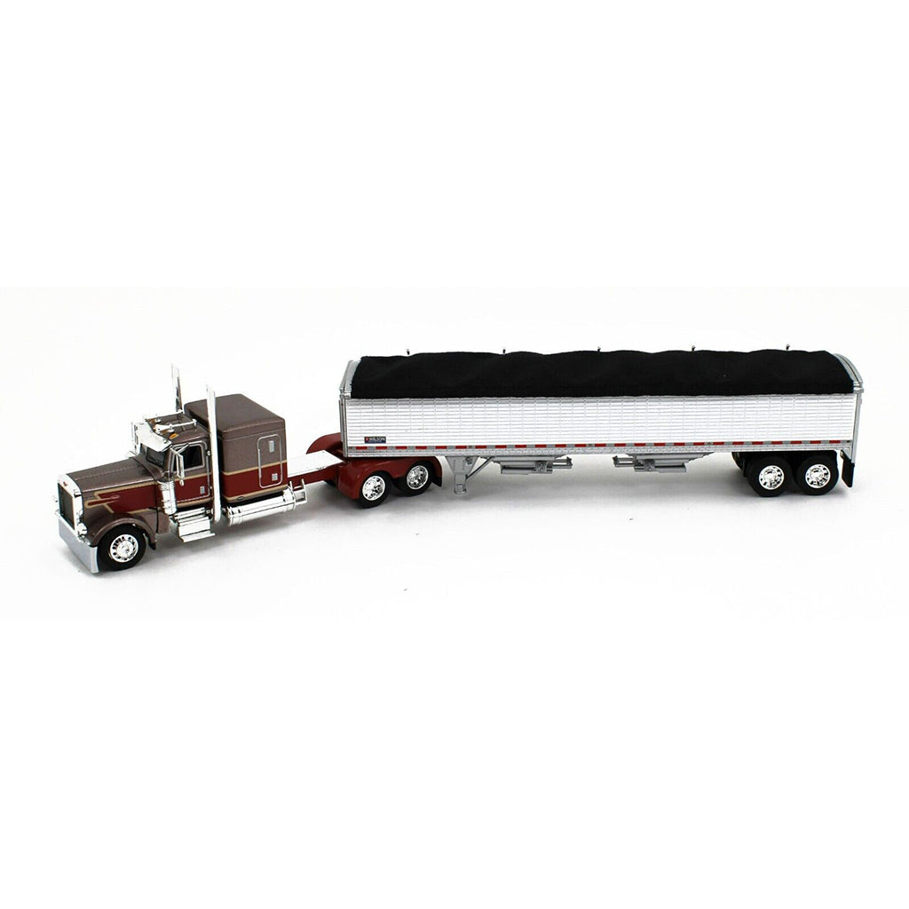 Peterbilt 389 60" Flattop Sleeper (Mocha/Red) w/45' Wilson High-Sided Pacesetter Grain Trailer (White w/Black Tarp)