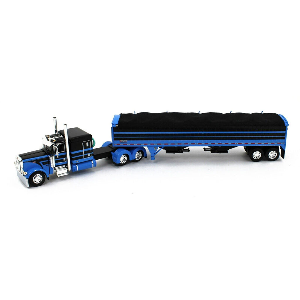 Peterbilt 389 60" Flattop Sleeper (Black/Blue) w/45' Wilson High-Sided Pacesetter Grain Trailer (Black/Blue w/Black Tarp)