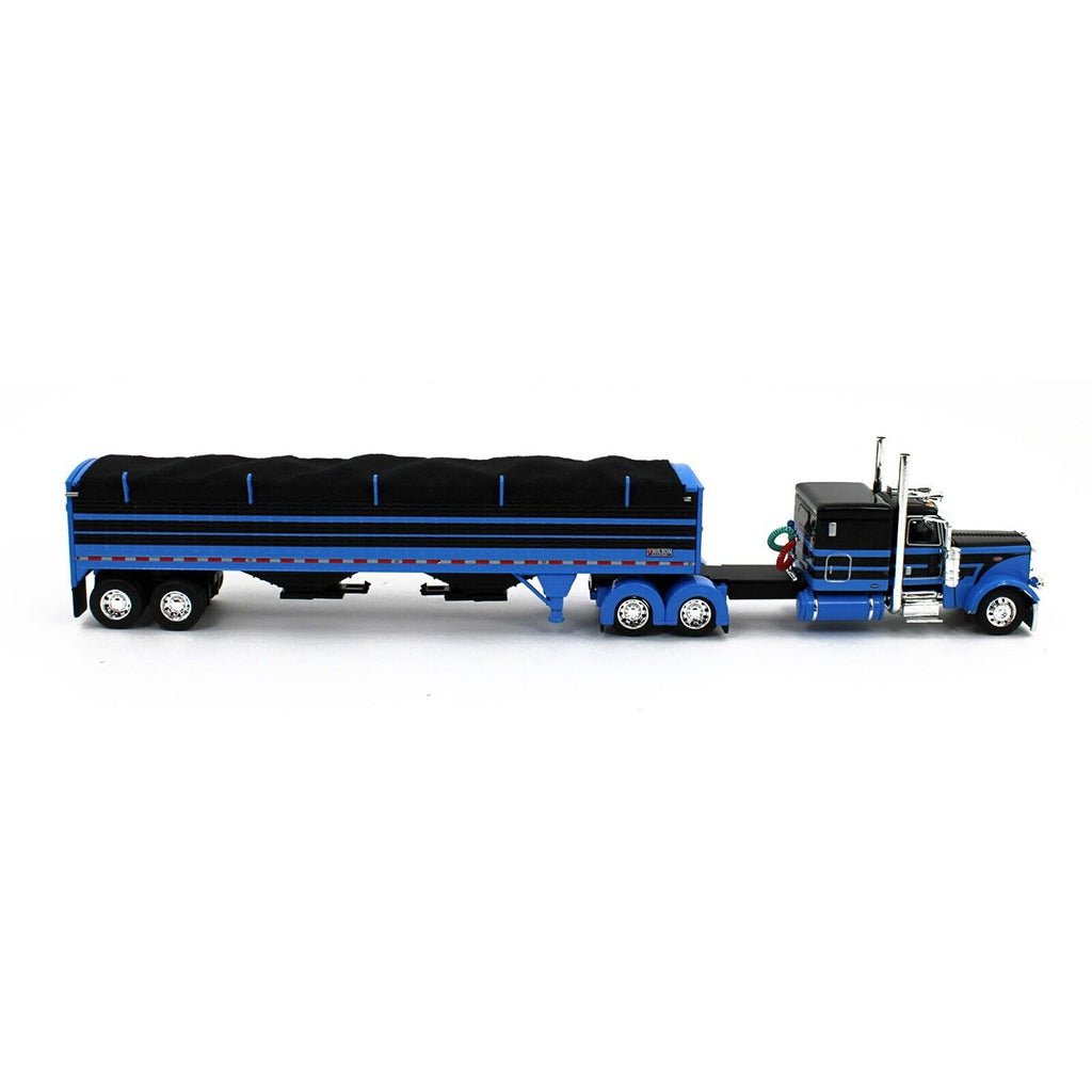 Peterbilt 389 60" Flattop Sleeper (Black/Blue) w/45' Wilson High-Sided Pacesetter Grain Trailer (Black/Blue w/Black Tarp)