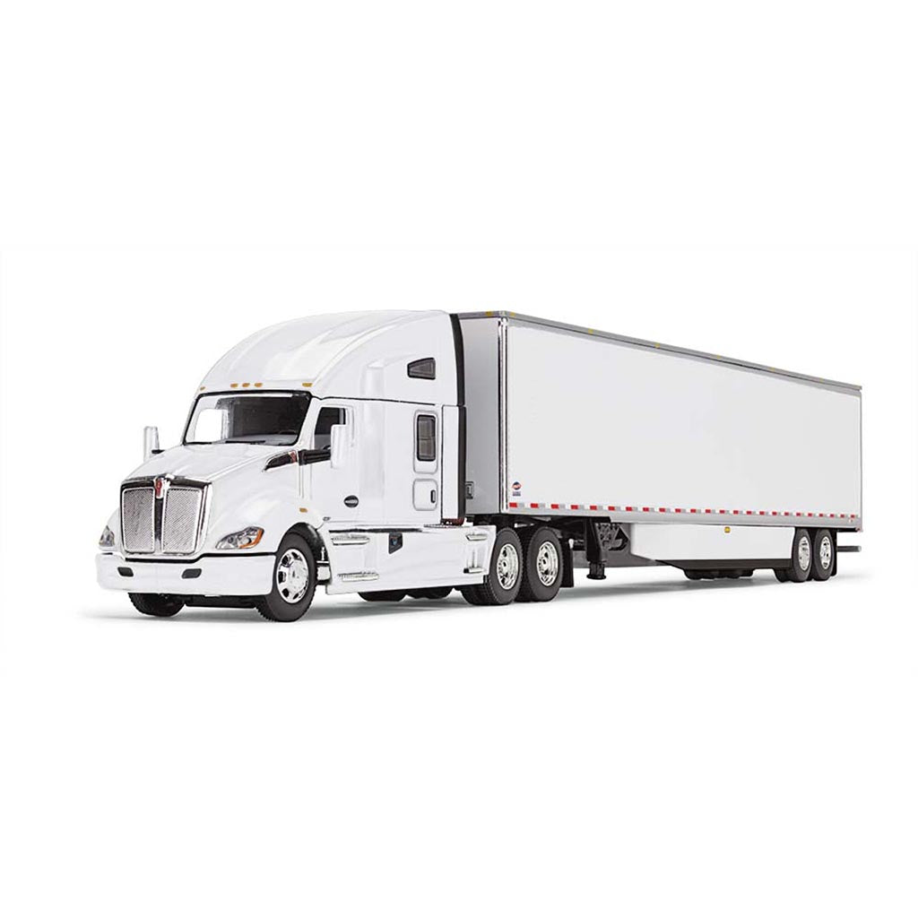 Kenworth T680 Hi-Roof Sleeper Cab Tractor with Fairings and 53' Utility Dry Van Trailer with Trailer Skirts (White)