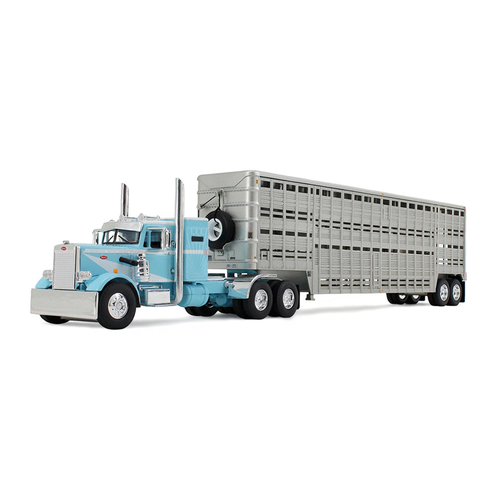 1:64th Scale Diecast Model of a Peterbilt 351 with Mercury Sleeper pulling a 45' WIlson Livestock Trailer on a White Background