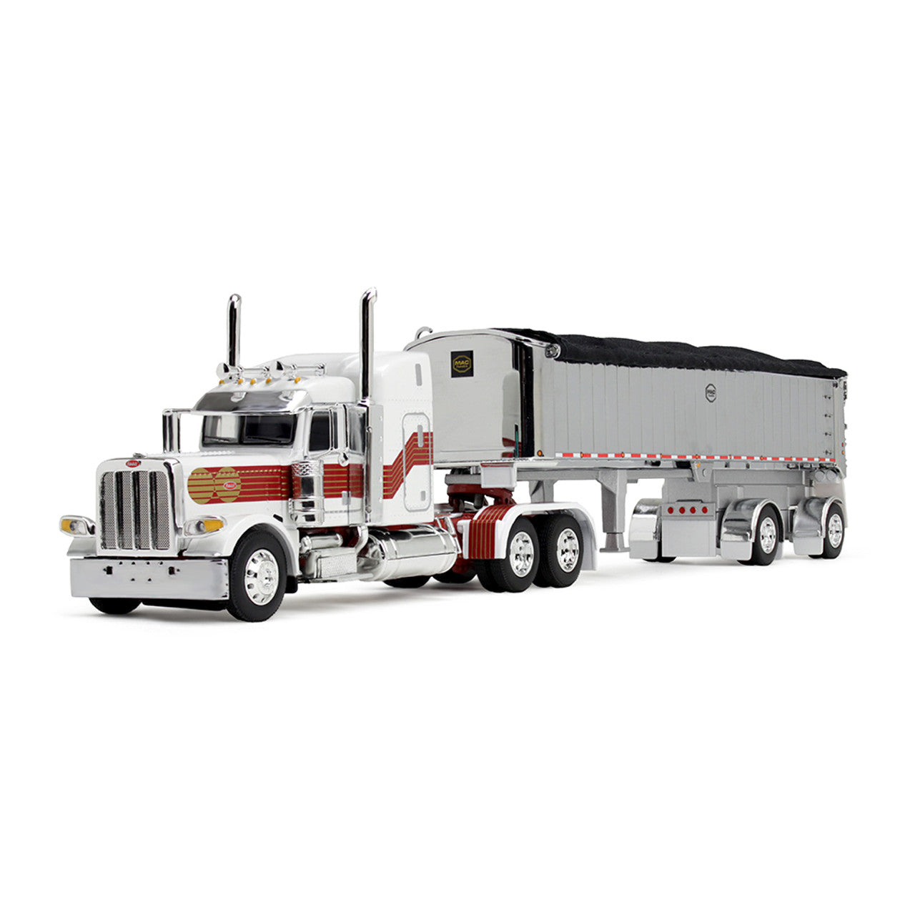 Peterbilt 389 w/MAC Coal Square Bottom Spread-Axle End Dump Trailer (White/Red/Gold)