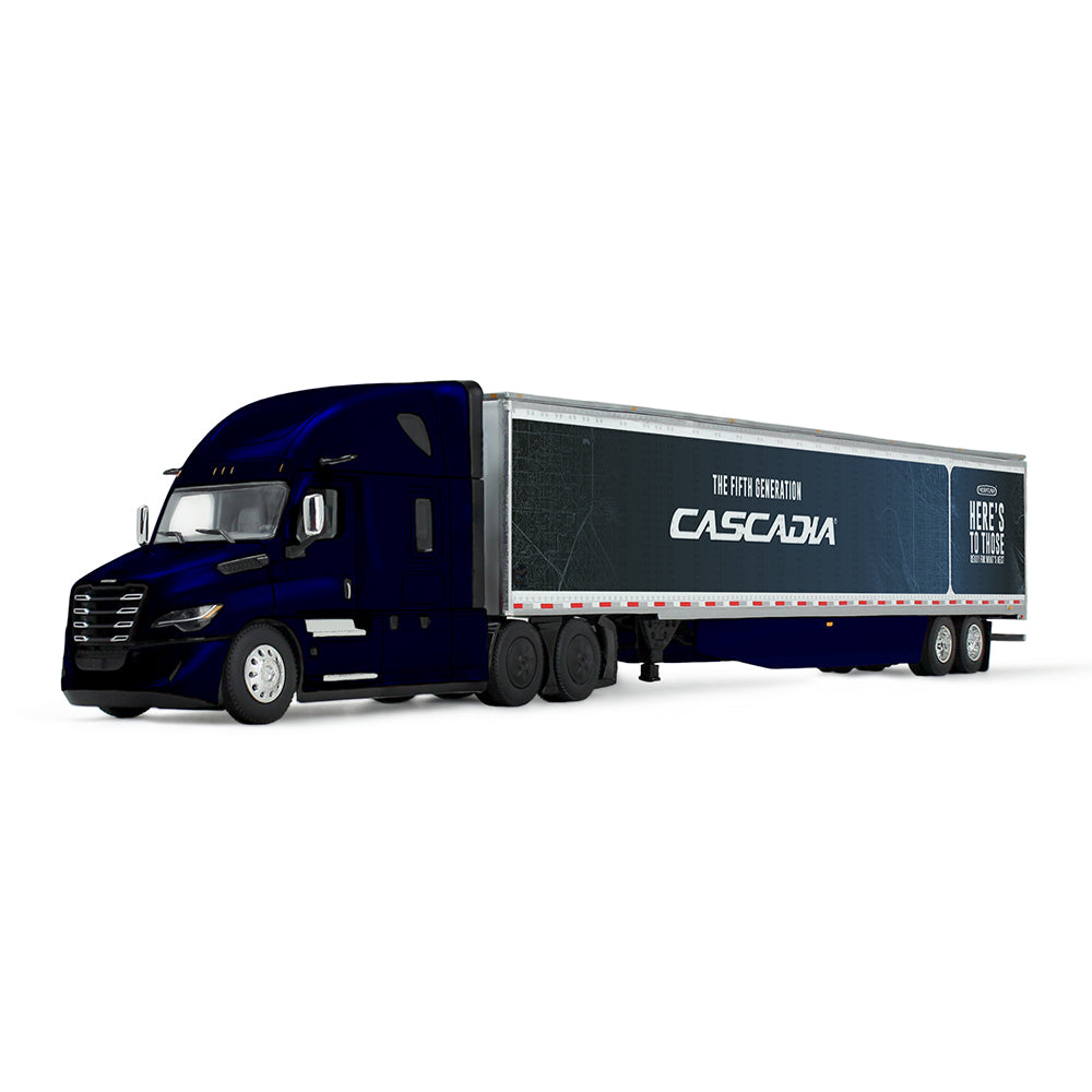 Blue Cascadia truck on a white background