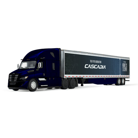 Blue Cascadia truck on a white background