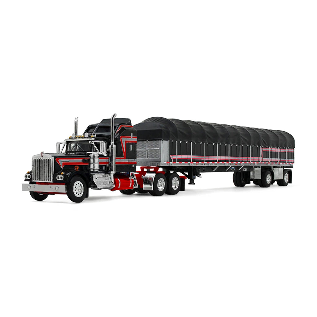 A die-cast model of a classic Kenworth semi-truck with a black and red cab, towing a long black canvas-covered trailer, shown on a plain white background.