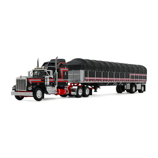 A die-cast model of a classic Kenworth semi-truck with a black and red cab, towing a long black canvas-covered trailer, shown on a plain white background.