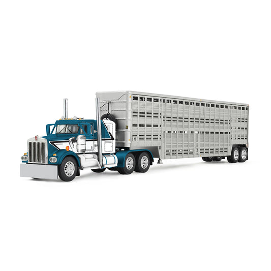 1:64th Scale Diecast Model of a Kenworth W900 A Model pulling a 45' WIlson Livestock Trailer on a White Background