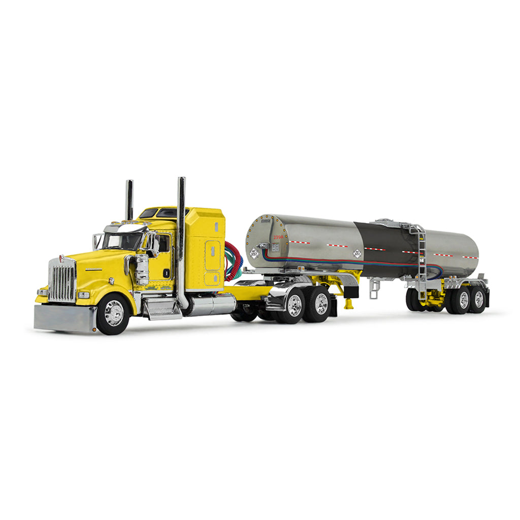 Model of a yellow Kenworth W900L with an asphalt tanker trailer on a white background