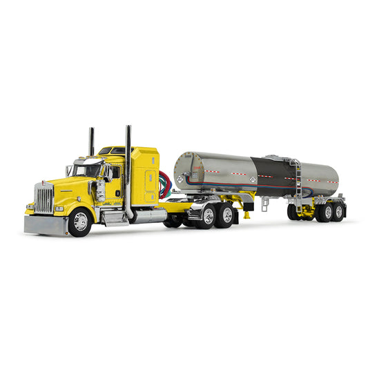 Model of a yellow Kenworth W900L with an asphalt tanker trailer on a white background