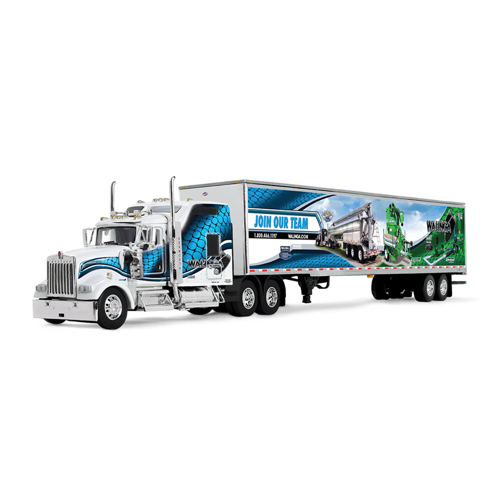 Model of a Kenworth W900 with a dry van trailer that has a fancy colorful wrap for Walinga Manufacturing on a white background