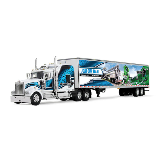 Model of a Kenworth W900 with a dry van trailer that has a fancy colorful wrap for Walinga Manufacturing on a white background