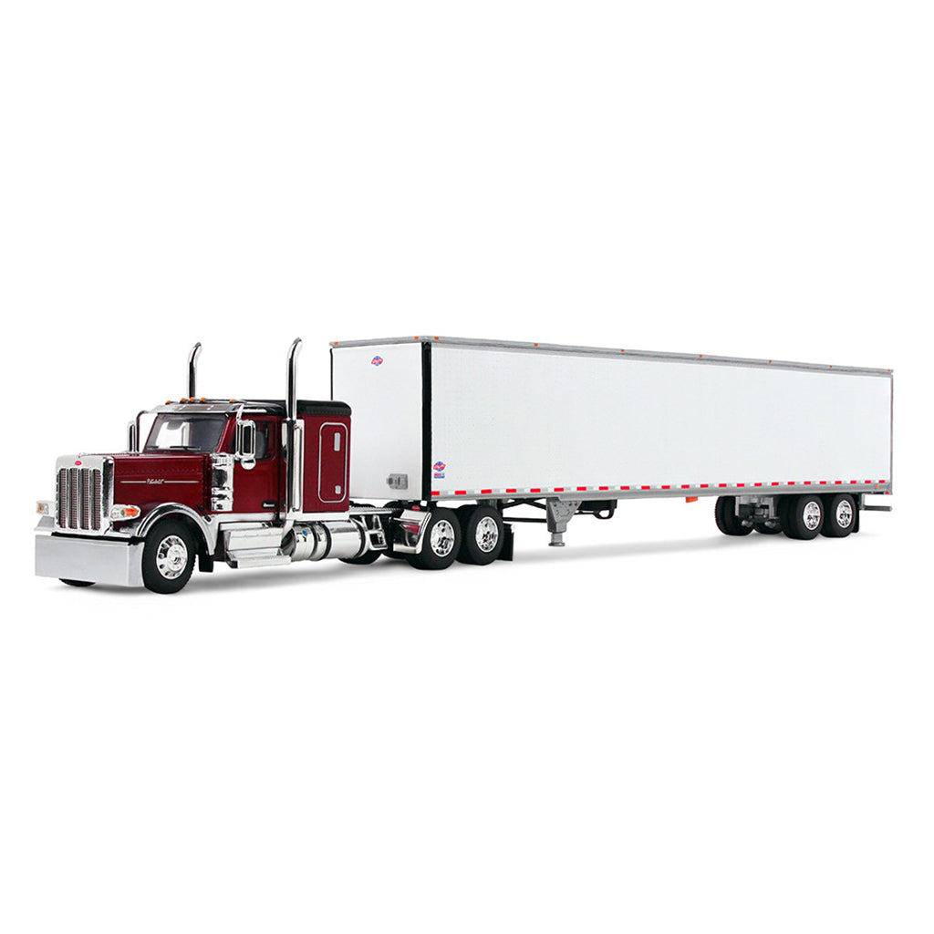Model of a red and black Peterbilt 589 pulling a white dry van trailer on a white background