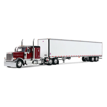Model of a red and black Peterbilt 589 pulling a white dry van trailer on a white background