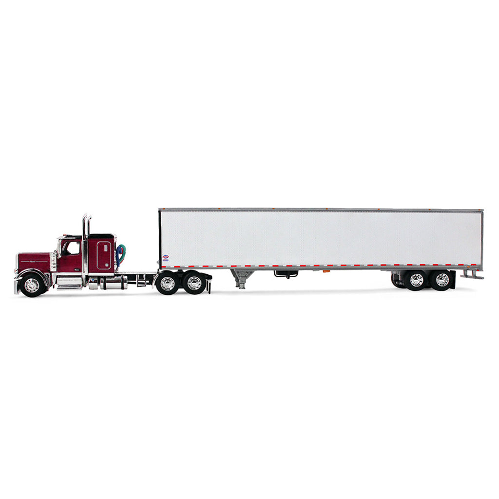 Model of a red and black Peterbilt 589 pulling a white dry van trailer on a white background