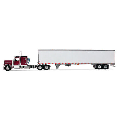 Model of a red and black Peterbilt 589 pulling a white dry van trailer on a white background