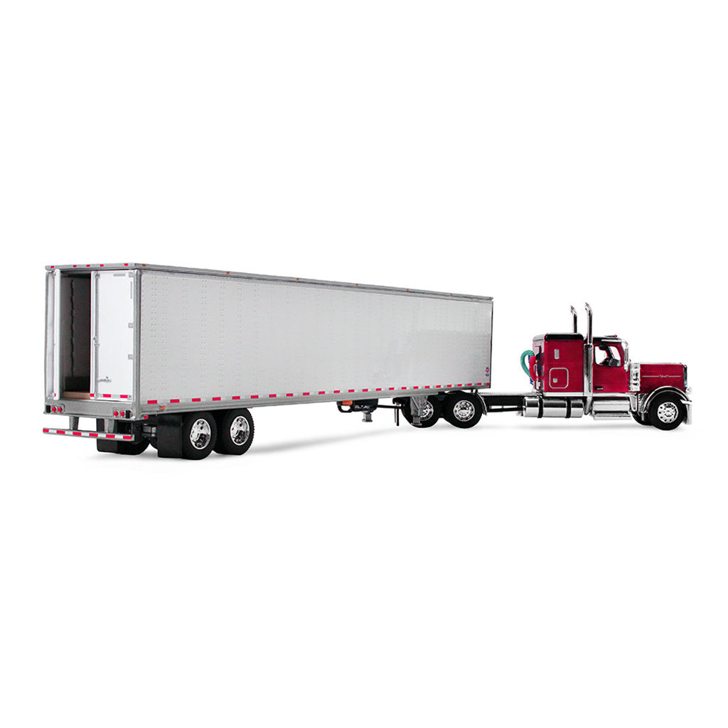 Model of a red and black Peterbilt 589 pulling a white dry van trailer on a white background
