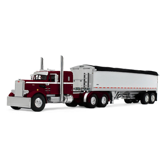 Model of a red and white truck with a trailer on a white background